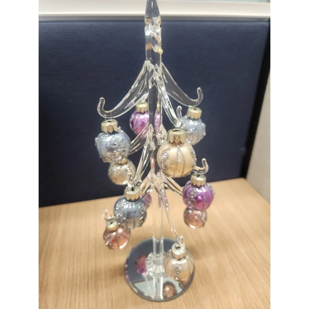 LS Arts Glass/Crystal Christmas Tree‎ W/12 Glass Ornaments Mirrored NEW W/Box